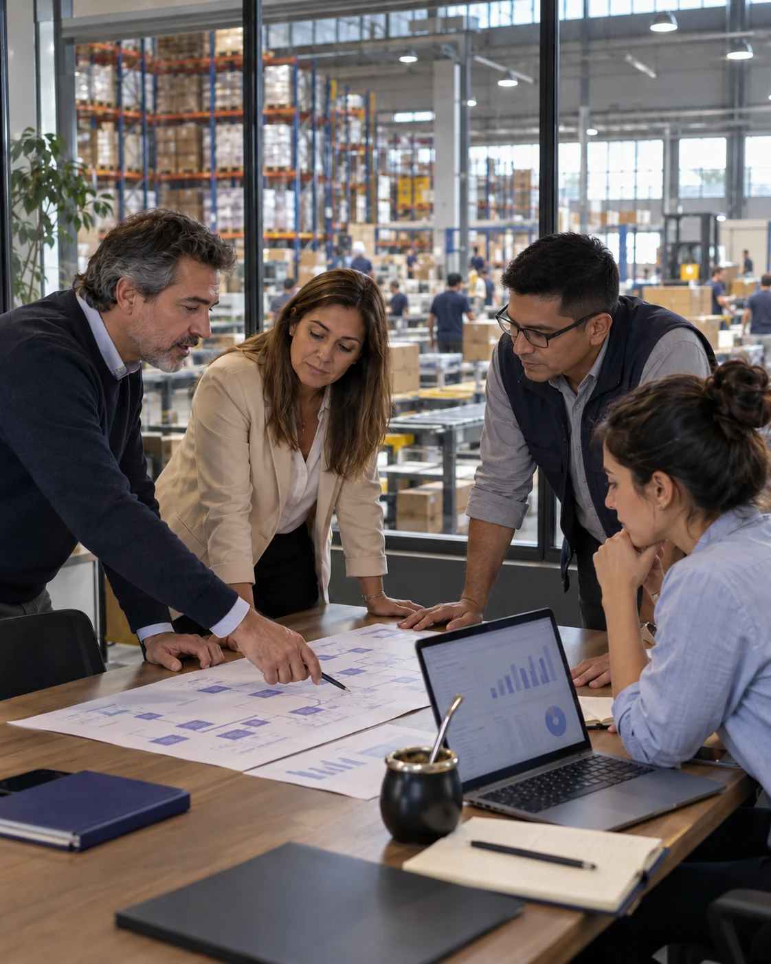 Escena ilustrativa de un equipo revisando procesos y resultados en una empresa logística e industrial